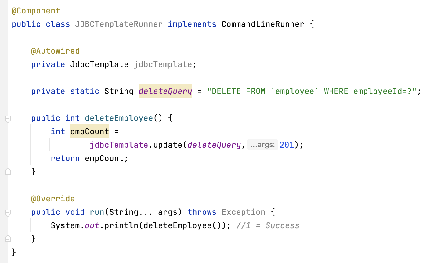 Spring Boot JDBCTemplate Delete Code